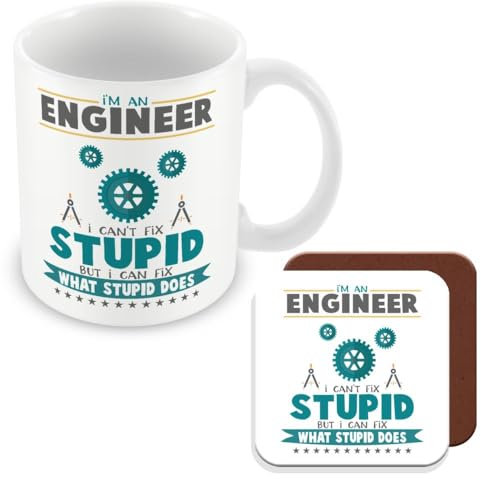 MUGGZ Mug & Coaster Gift for Engineer - I Can't Fix Stupid Bit I Can Fix What Stupid Does - Giftset - Made in The UK