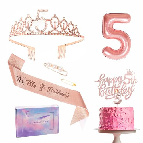 Rose Gold 5th Birthday Decorations for Girl - Sash, Tiara, Cake Topper, Balloons, Candles & Gifts