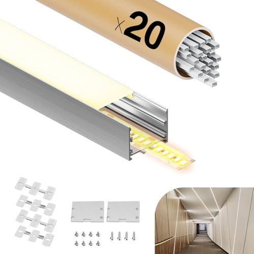 GEEKLUX Profilo di sospensione a LED, 2 m (totale 40 m), profilo a U in alluminio per strisce LED da 40 mm o doppie, con piastra di sospensione e copertura bianca lattea – 2000 x 48,5 x 35 mm