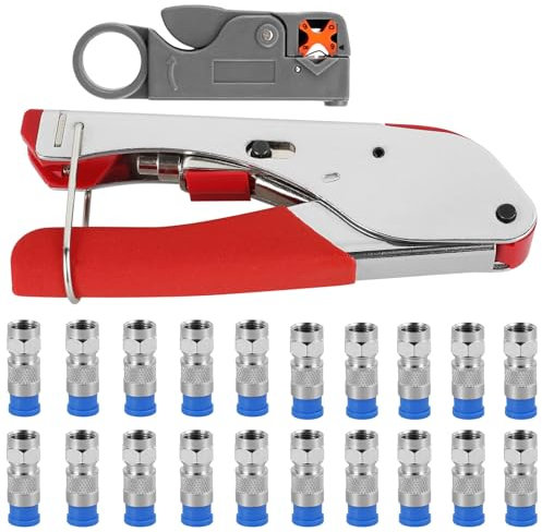 WANDGU Kompressionszange Set: F Typ Crimpzange Abisolierwerkzeug RG59/RG6 mit 20 Stück Kompressions F Stecker und rotierendem Koaxialkabelschneider, Kabel F Stecker Crimpzange für SAT Kabel