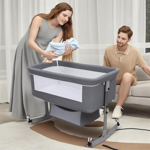 SAYEYBU Babywiege, Beistellbett, Verstellbares Beistellbett Mit Stauraum, FüR Neugeborene, Tragbare Wiege, Mit Matratze, Moskitonetz,Grau
