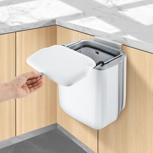 Nymblis Cubo de basura plegable para colgar con tapa, 10 litros para cocina, cubos pequeños debajo del fregadero para cocina/caravana/encimera/campamento (2.4 galones)