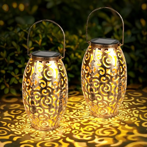 Lanterne Solaire Exterieur Jardin, Lampe Solaire Exterieur 2 Lumière Solaire Suspendues en Métal IP65 Lanterne Deco Jardin Exterieur pour Cour Balcon Cadeaux