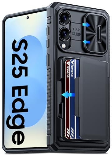 Vizvera for Samsung Galaxy S25 Edge Case Wallet, with RFID Card Holder, Slide Camera Cover, Kickstand, Silicone Edge Military Drop Protection Rugged Shockproof Case for S25 Edge 6.7 2025, Black