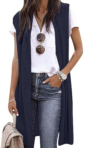 OMZIN Gilet Leggero Da Donna Casual Morbido Senza Maniche In Maglia Solida Cardigan Drappeggiato Spolverino Blu Navy XXL