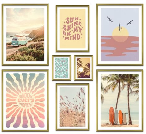 ARTFAVES® Poster Set - SUMMER TRIP - mehrteilige Wanddeko Wohnzimmer & Schlafzimmer - 8 moderne Wandbilder sommer, bunt, meer, pastell, strand, roadtrip, sonne, surfing - mit Rahmen Gold