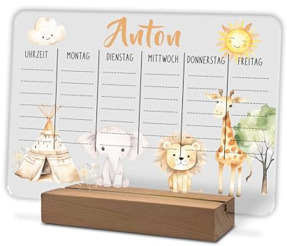 Personalisierter Stundenplan aus Acrylglas 20 × 15 cm mit Namen | optional LED-Holzsockel Warmweiß | Geschenk zur Einschulung Schulstart Grundschule Safari 1