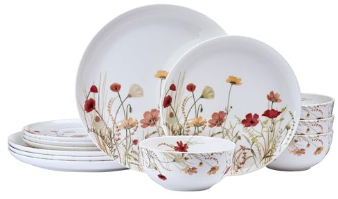 Mikasa Meadow Serenade 12 Piece Floral Bone China Durable Chip Resistant Lightweight Dinnerware Set, Service for 4