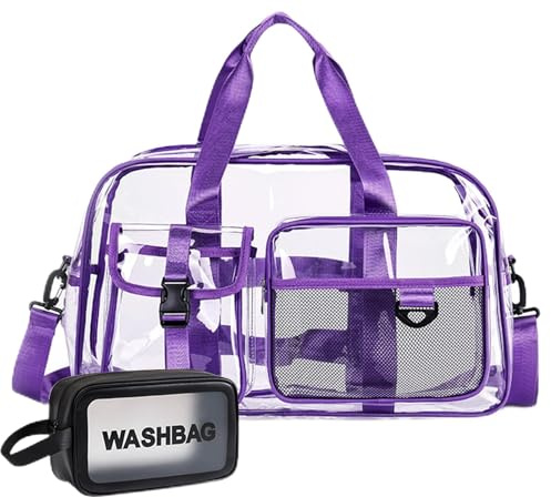 Small Gym Bag for Women, Travel Duffle Bag Carry On Weekender Bag with Shoe Compartment, Clear-Purple, Gym Bag&Toiletry Bag