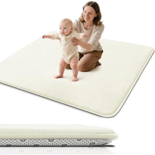 Dicke Krabbelmatte Baby 120×120×3cm,Rutschfester Unterseite Spielmatte Baby | Krabbeldecke für baby,Schaumfüllung Teppich Kinderzimmer,Weicher Kurzflor, Pflegeleicht,Spielmatten Für Laufgitter,Beige