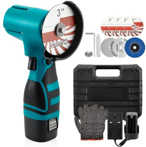 Professional 16.8V Cordless Mini Angle Grinder, 550W High-Speed Metal Cutter & Polisher, 19500RPM with 2 Batteries, 8 Discs, Anti-Slip Handle, Multi Tool Grinding Kit with Safety Gloves (Blue)
