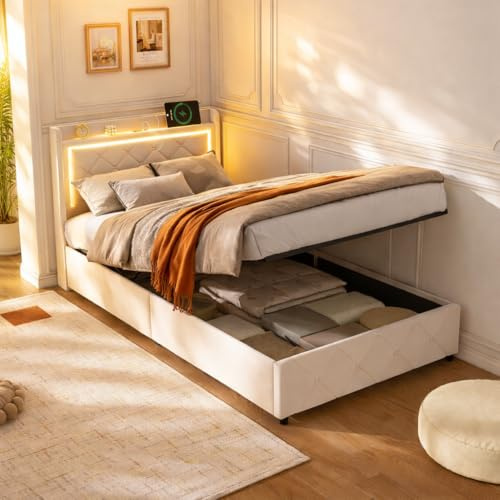 Polsterbett 90x200 cm, LED Einzelbett mit Staufach-Kopfteil und USB-Anschlüssen, Jugendbett 90x200 mit Hydraulischer Stauraum, Gästebett Funktionsbett Stauraumbett Bettgestell mit Lattenrost,Samt