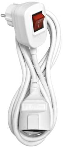 HEITECH Verlängerungskabel mit Schalter 3m Stromkabel 2-polig Kabelverlängerung weiß Schutzkontakt-Stecker IP20 3680W Winkelstecker