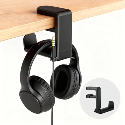 Galiejar Universal Headphone Stand & Headset Holder - 360° Swivel Under Desk Headphone Hook with Cable Management Clip (Black)