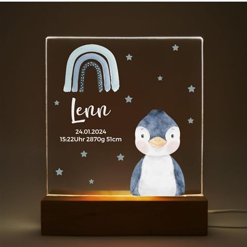 Nachtlicht Kinder personalisiert Linos Pinguin Regenbogen – LED Nachtlicht Baby & Stilllicht – Schlummerlicht für Kinderzimmer – Lampe mit Namen – Personalisiertes Geschenk zur Geburt für Jungen