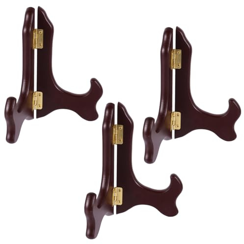 SHINEOFI 3Pcs 5-Inch Wooden Ceramic Plate Holder Set, Red Wood Display Stand Easel for Dinner Plates, Tableware Storage Rack for Home and Kitchen Décor