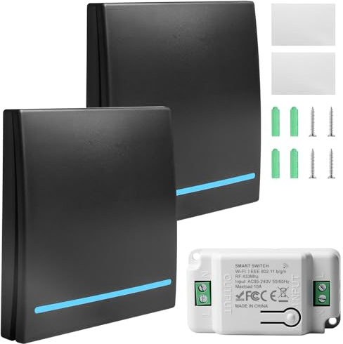 2 Stück 230V Lichtschalter Set, Wifi+RF 433MHZ Funk Lichtschalter mit Empfänger, 2 Schalter und 1 Empfänger, Reichweite von 30M, Drahtlos Schalter, Funk-Sender, Funklichtschalter Set