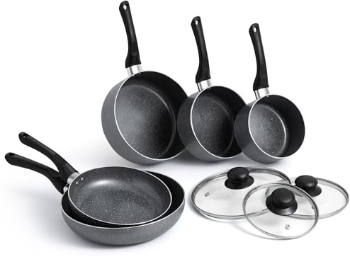 VonShef Pots and Pans Set, 8 Piece Induction Safe, Non-Stick Saucepan and Frying Pan Set, Easy Clean Granite Design Pots and Pans Set with Glass Lids, PFAS, PTFE, PFOA, Lead & Cadmium Free | Induction Safe, Easy Clean Granite Design Pots and Pans Set with Glass Lids, PFAS, PTFE, PFOA, lead & cadmium free