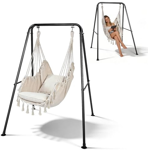 Hammock Chair with Stand & 2 Pillow, 150kg (330lbs) Capacity, Heavy Duty Reinforced Triangular Base Hanging Swing Chair, Handwoven Cotton-Blend Fabric, Indoor Outdoor for Patio Balcony Garden