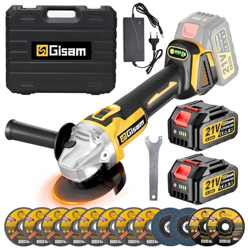 Gisam Amoladora Angular a Batería, 21V Amoladora Bateria inalámbrica con 4000 mAh, Motor sin Escobillas 12000RPM, Ø de disco 125 mm, 12 Discos para Crtar y Amolar con Precisión