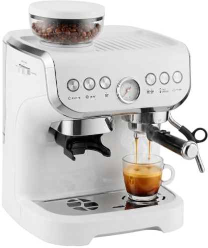 HOMCOM Bean to Cup Coffee Machine, Steam Wand, White | Integrated Bean Grinder, 15 Bar Italian Pump, 2L Water Tank, Cappuccino Maker, Stainless Steel