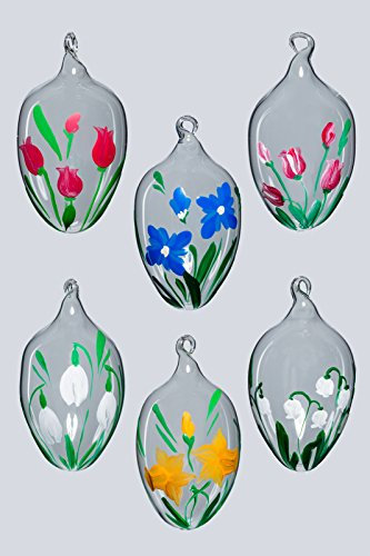 Ostereier Glas handbemalt Lauscha Set 6 versch. Blumenmotive mit Glasöse