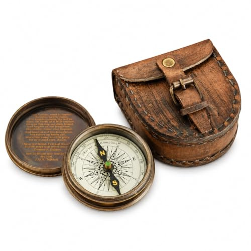 Kompass mit Gedicht aus antikem Messing mit braunem Lederetui, rustikale Vintage-Heimdekoration, Geschenke