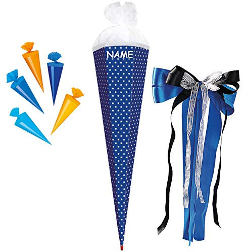 alles-meine.de GmbH Set Schultüte + 5 kleine Zuckertüten - blau/dunkelblau/Ultramarine - Sterne weiß - 85 cm - eckig - incl. Name und große Schleife - Tüllabschluß - Ro..