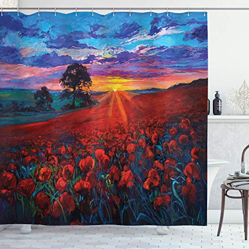 ABAKUHAUS Bunt Duschvorhang, Mohnblumengarten, Stoffliches Gewebe Badezimmerdekorationsset mit Haken, 175 x 220 cm, Scharlachrot Mehrfarbig