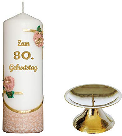 Auswahl * Jubiläumskerze/Geburtstagskerze ''Zum 80. Geburtstag'' * Terracotta * mit farbigen Wachsauflagen * inkl. Kerzenständer aus Messing * (Motiv 003) Auswahl Motiv + Farbe