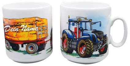 Carstens Keramik® Tasse Becher mit Namen Trecker Traktor Landwirt, aus hochwertigem Porzellan, mit Wunschnamen