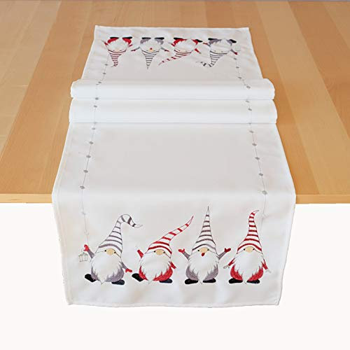 Tischwäsche mit Stickerei Motiv Wichtel Weihnachten Winter (40 x 140 cm, wollweiß/bunt)
