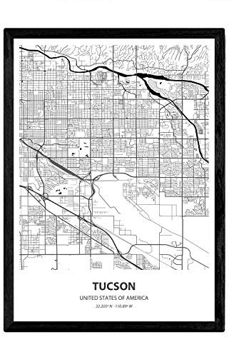 Nacnic Poster mit Karte von Tucson - USA. Blätter von US-Städte mit Meeren und Flüssen in schwarz und weiß. A3