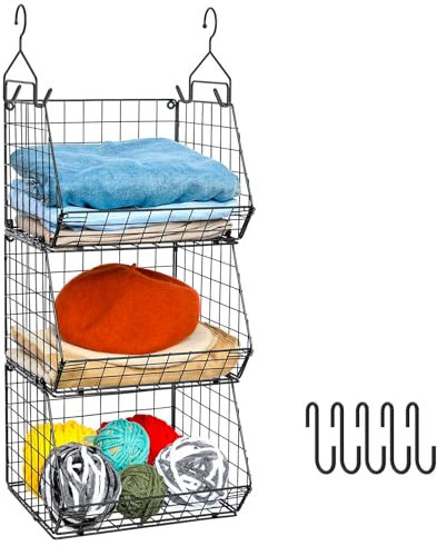 X-cosrack 3-Tier Hanging Storage Organizer for Closet, Laundry & Utility Room | Space Saving Shelves with 1.65 Hook & 5 S-Hooks | Hanging Wire Baskets (12.4 W x 8.8 H x 10.24-11.8 D)