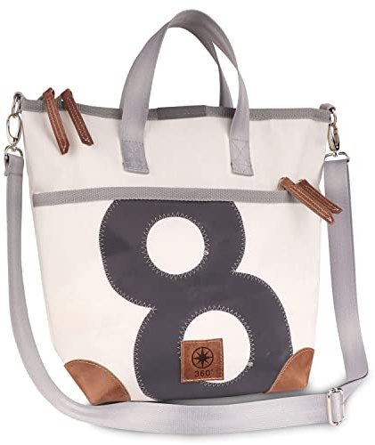 360° Grad Deern Mini Schultertasche, Segeltuch-Tasche, Umhänge-Tasche, Damentasche, weiß, Zahl grau, Gurt beige mit Karabinern, maritim, wetterfest