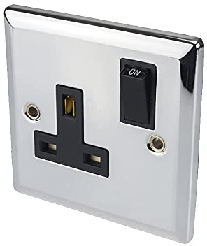 Volex 13A Switched Wall Socket 1 Gang Beaufiful Chrome Metal Front Plate Rounded Corners & Edges