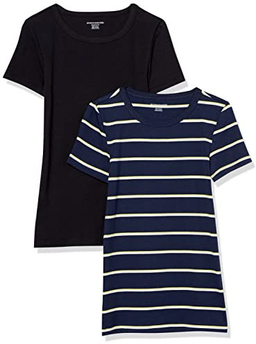 Amazon Essentials Women's Slim-Fit Short-Sleeve Crewneck T-Shirt, Pack of 2, Black/Navy Horizontal Stripes, M