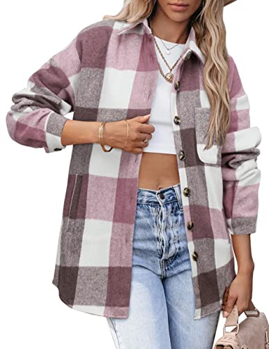 Womens Casual Plaid Spazzolato Flanella Bottone Giù Tasca Camicia Giacca Shackets Cappotti 6023 Rosa Media, Rosa., M