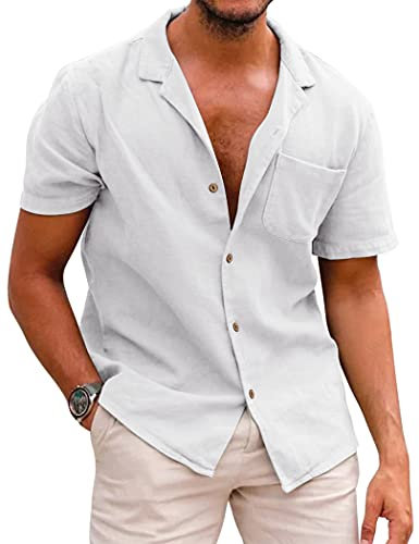 COOFANDY Men's Linen Shirts Short Sleeve Summer Holiday Shirts for Men Button Down Tropical Beach Shirt Tops with Pocket White XL