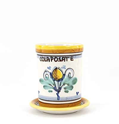 CEAR Ceramiche - Colaposate, kitchen cutlery drainer jar with saucer in Sicilian artisanal ceramic H cm 15 yellow decoration