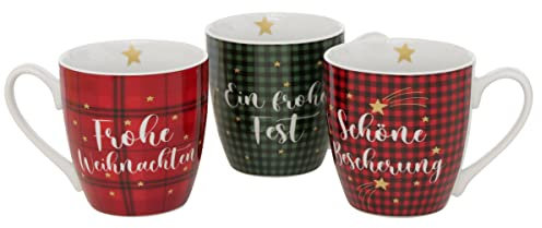 3er Set Kaffeetassen Jumbo 480ml Porzellan Tassen Spülmaschinengeeignet n704 Karo grün rot Frohe Weihnachten Schönes Geschenkset Frohes Fest Weihnachtstassen kariert Glühwein Becher Pott