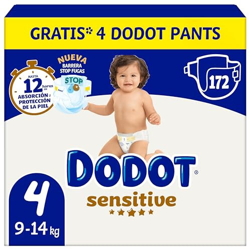 Dodot Pañales Bebé Sensitive, Talla 4 (9-14 kg), 172 Pañales + 4 Pants de Regalo, Hasta 12 h De Protección Antifugas y Cuidado de la Piel, Pack Mensual
