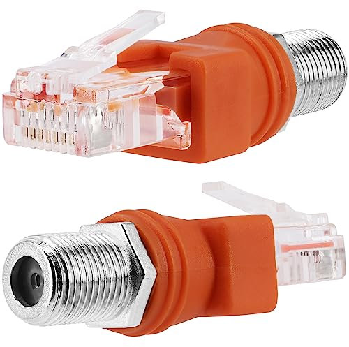 VEMNI RF-auf-RJ45-Konverter-Adapter, 2 Stück, F-Buchse auf RJ45-Stecker, Ethernet-Adapter, Koaxial-Koppler, gerader Stecker, Orange, 2 Stück