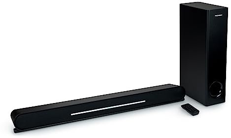 THOMSON SB600BTS Barre de Son – 500W Puissance Musicale Totale – Bluetooth 5.0 – Design Audio Directionnel – Caisson de Basses Filaire – Entrées Optique & AUX – Préréglages EQ – Télécommande