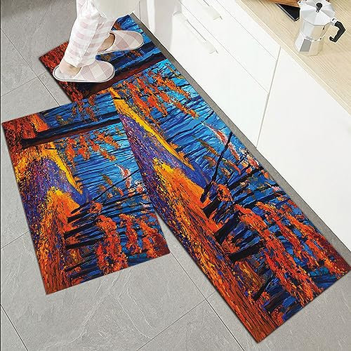 Lot de 2 Tapis de Cuisine antidérapants,Pays sombre et profond dans la forêt en automne Saison calme calme natu,Résistant à la poussière Tapis de Cuisine,Tapis de Sol pour l'intérieur,45x70+45x120 cm