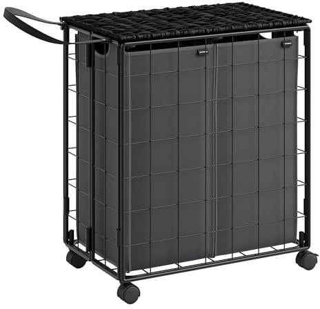 SONGMICS Wäschekorb 2 Fächer, 110 L, faltbarer Wäschesammler mit Rollen, Wäschebox, Wäschewagen mit Deckel, Wäschesack herausnehmbar, 57 x 33 x 65 cm, tintenschwarz-schiefergrau LCB211B11