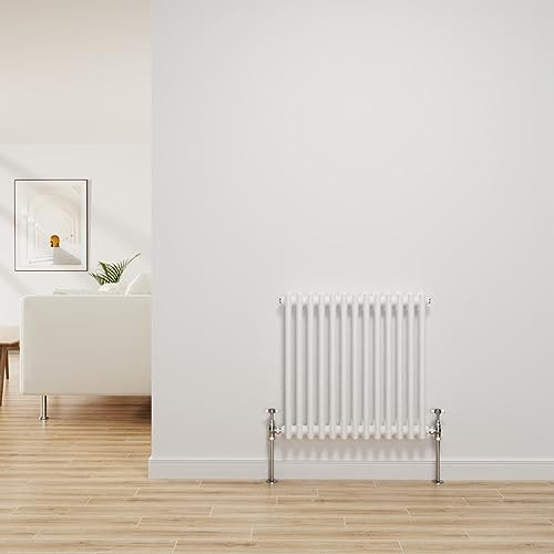 NRG Traditional Radiator Gloss White 2 Column Horizontal 600x605mm | Central Heating Bathroom Radiator, Wall Mounted, Column Radiator, Designer Radiator, Mild Steel, for Kitchen, Living Room