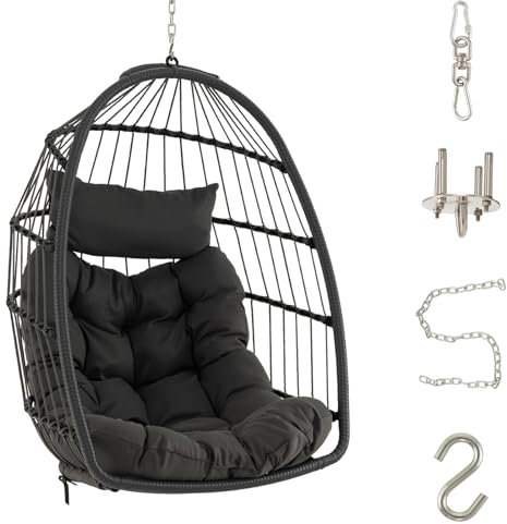 SFAREST Egg Swing Chair, Foldable Patio Hanging Chair with Soft Cushion and Head Pillow, Wicker Hammock Chair for Indoor Outdoor