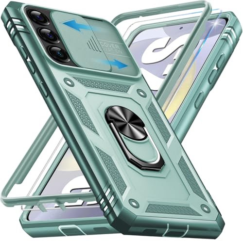 Giyer für Samsung Galaxy S24 5G Hülle mit Schutzfolie, Handyhülle S24 5G Tache mit Kameraschutz 360° Metall Ring Ständer Stoßfest Bumper Schutzhülle Samsung S24 Case Cover (Minzgrün)