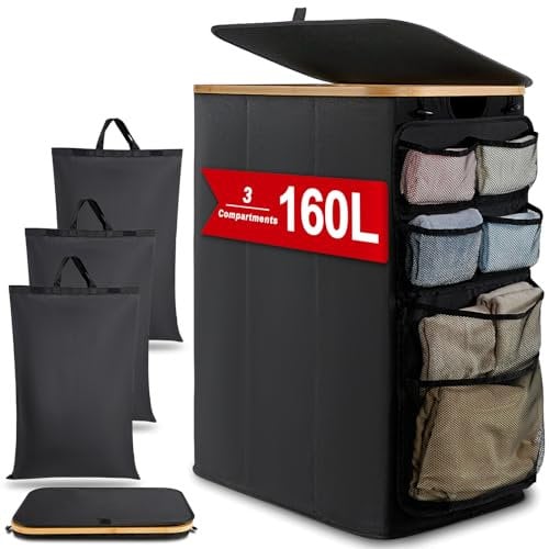 DOKRVLOQ Wäschesammler Wäschekorb 3 Fächer mit Deckel 160L Upgrade Hängeorganizer Wäschesortierer Groß Laundry Basket Faltbarer Wäschekörbe Bambus Stoff Wäschebox für Schmutzwäsche WäSchetonne Schwarz